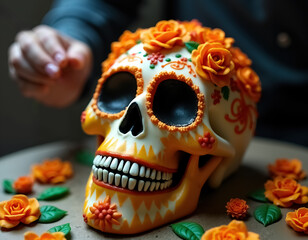 Colorful Dia de Muertos Skull Cake Decorated with Vibrant Flowers