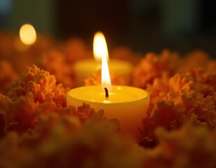 Vibrant Dia de Muertos Display with Candles and Marigold Flowers for Celebration