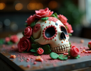 Colorful Dia de Muertos Sugar Skull with Floral Decoration for Day of the Dead Celebration