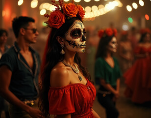 Stunning Dia de Muertos Celebration with Traditional Costumes and Faces Painted Skulls