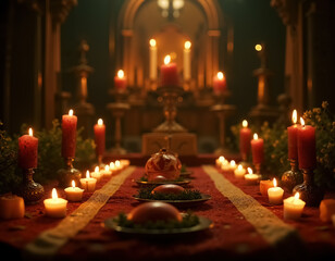 Vibrant Dia de Muertos Altar Display Illuminated by Soft Candlelight Puff