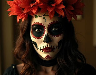 Vibrant Celebration of Dia de Muertos with Stunning Skull Makeup and Flower Crown