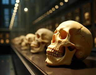 Artistic Display of Dia de Muertos Skull Decorations in Captivating Lighting