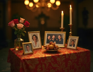 Beautiful Altar Setup for Dia de Muertos with Family Photos and Candles