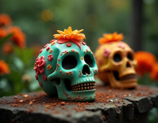 Colorful Dia de Muertos Skulls with Floral Decor Against a Vibrant Background