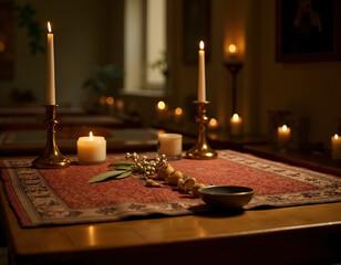 Traditional Dia de Muertos Altar with Candles and Decorations for the Celebration