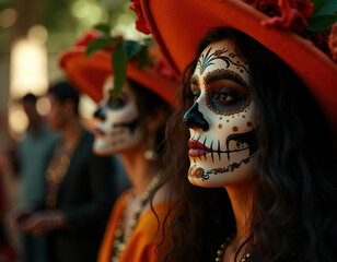Vibrant Participants of Dia de Muertos Festival with Colorful Skulls and Hats