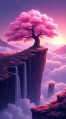 Stunning Phone Wallpaper of Cherry Blossom Tree with Waterfalls at Sunset