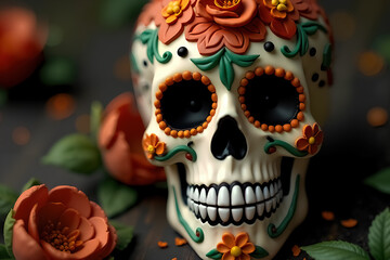 Colorful Dia de Muertos Skull Decorated with Flowers for Celebrating Life and Death