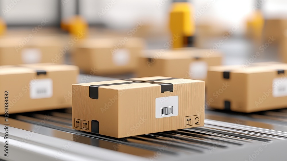 Poster a close-up of cardboard boxes on a conveyor belt, showcasing an organized sorting process in a logis