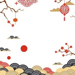 Minimalist flat background with simplified Chinese patterns like clouds and waves in solid colors, clean and modern.