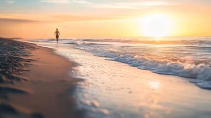 Fototapeta premium Person jogging along a serene beach at sunset with gentle waves and a colorful sky