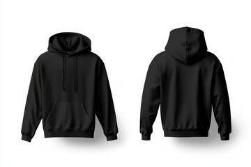 The modern illustration features a blank template of a black hoodie, displaying both front and back views for use in custom designs or branding projects