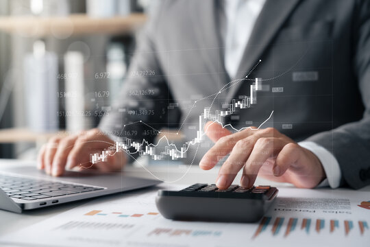 Businessman financial analysis and investment, financial growth chart report, business strategy, economic growth, digital marketing technology, investment planning, risk management.