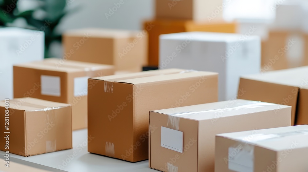 Poster a collection of various cardboard boxes arranged on a table, showcasing different sizes and packagin