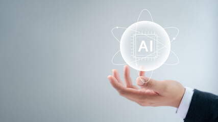 Fototapeta premium AI technology, Humans use AI in their work to help maximize efficiency, Machine learning, Create new innovations, Deep learning, Connecting big data, Artificial intelligence technology of the future.