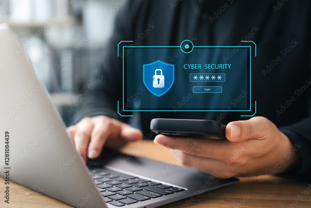 Poster cyber ​​security, businessman using encrypted laptop and smartphone to protect personal information 
