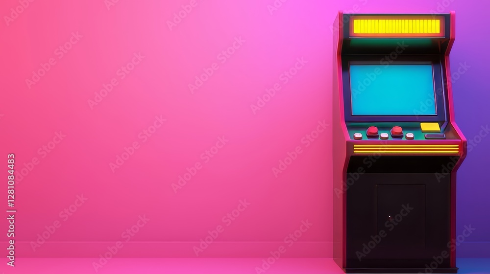 Aufkleber glowing pixelated shapes and colorful geometric patterns surround a retro arcade machine, which is b