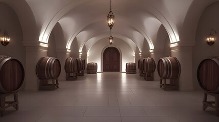 Serene Cellar Scene with Oak Barrels and Arched Architecture