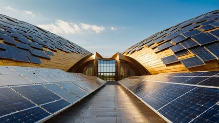 Sleek Modern Edifice with Solar Panel Roof and Glass Entrance Under Clear Blue Sky in Daylight
