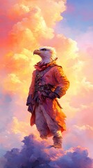 Fototapeta premium Determined eagle in generals uniform standing proud on cliff edge under dramatic sky