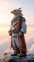 Fototapeta premium Eagle general stands resolutely on a cliff edge under a dramatic sky at sunset