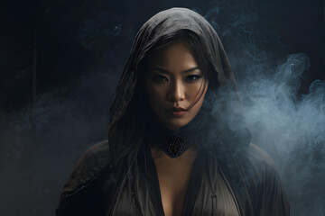 Fototapeta premium A woman with a hood over her head is standing in front of a dark background