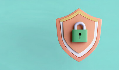 A green padlock is placed on an orange shield against a teal background, symbolizing security and protection.