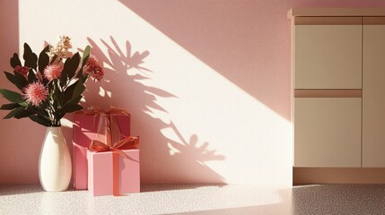 A decorative vase filled with vibrant flowers sits beside a beautifully wrapped gift on a table, creating a charming and inviting atmosphere.