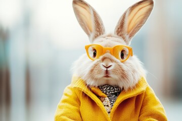 Fashionable rabbit posing in trendy clothing with cityscape backdrop during bright day