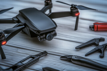 Quadcopter repair service front view background. Drones and tools on the table...