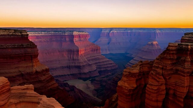 Golden hour glow, immersive first-person journey across the vast expanse of the grand canyon at sunset, layer upon layer of ancient rock formations are bathed in the warm, golden light, sweep