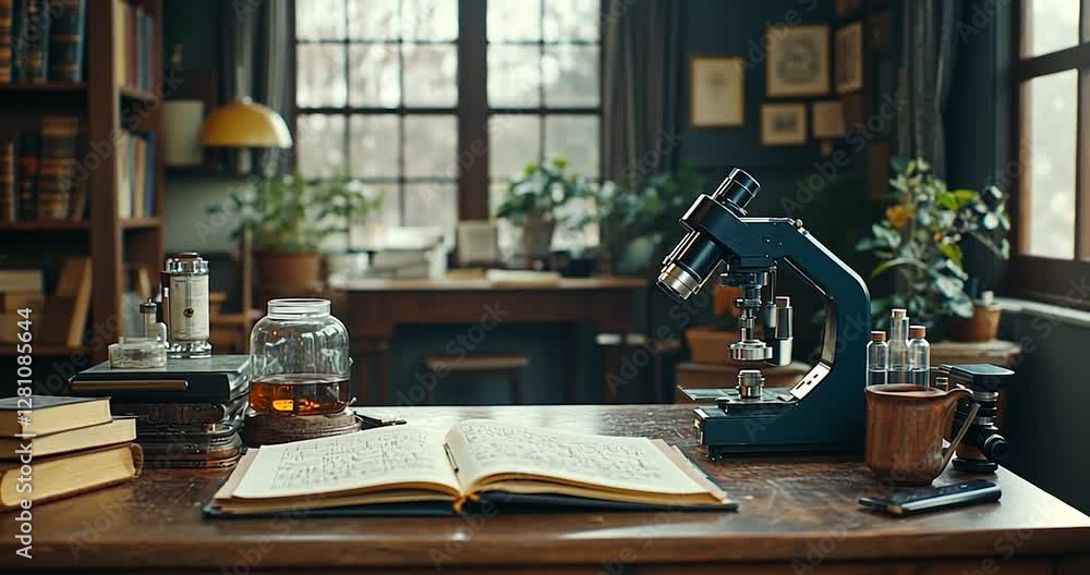 Poster wooden desk with microscope and open book inside a library interior with warm tone lighting