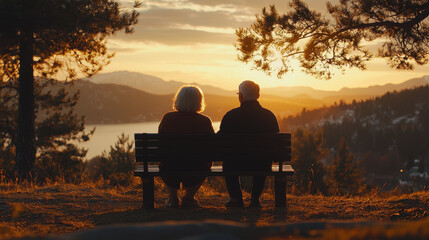 Elderly couple enjoys a romantic sunset while holding hands on a bench, surrounded by nature's beauty