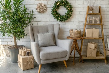 Living room interior featuring an armchair, Christmas trees, and a ladder
