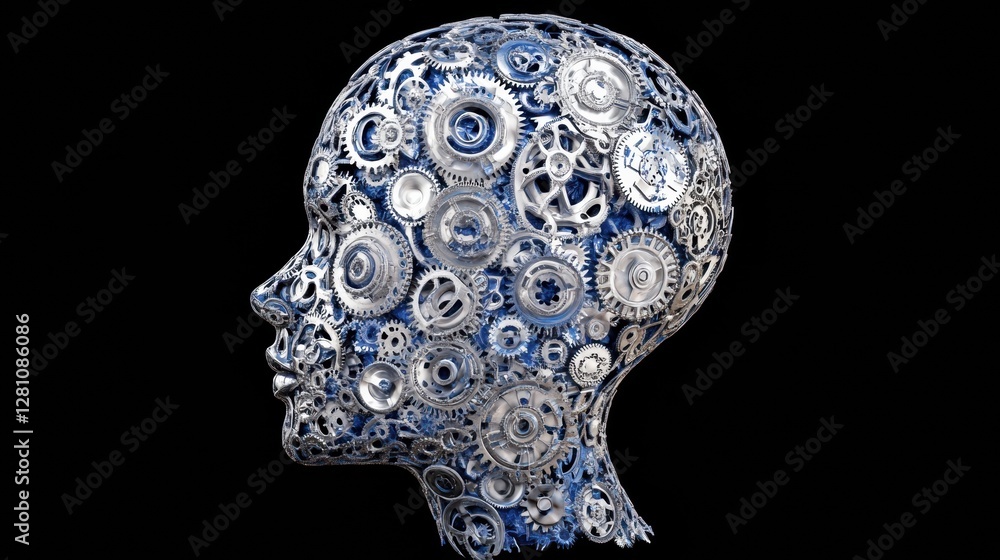 Poster human head silhouette filled with gears and cogs representing the evolution of artificial intelligen