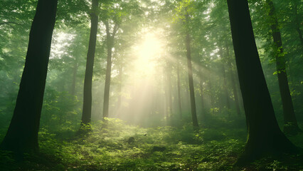 Lush green forest with sun rays streaming through misty tall trees
