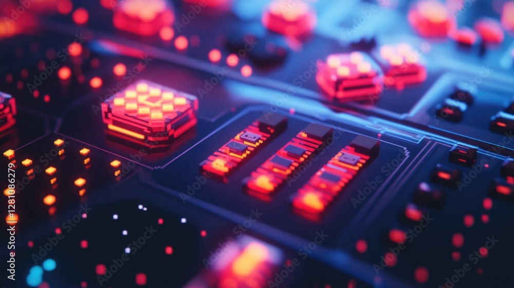 Poster electronic circuit board with microprocessors and semiconductor chips. red and blue leds highlight a