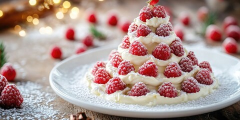 Naklejka premium Sweet treat shaped like a Christmas tree, made with red raspberries and whipped cream.