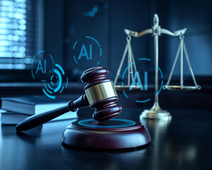 A digital courtroom with a gavel, scales of justice, and AI technology, symbolizing the integration of artificial intelligence in the legal field and digital justice.