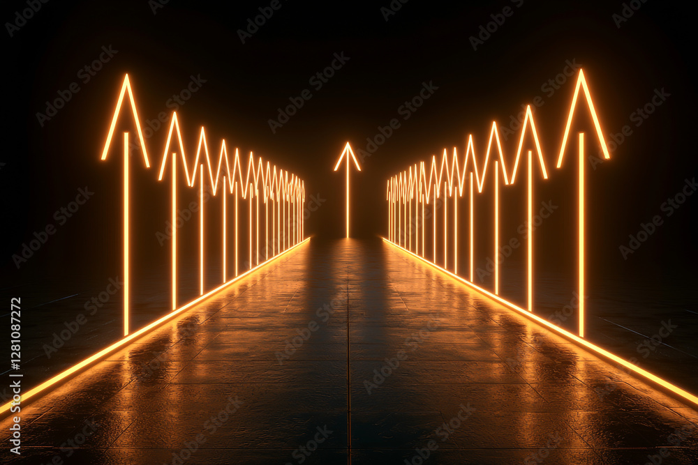 Poster illuminated arrows on a dark path, symbolizing direction and progress through innovation.