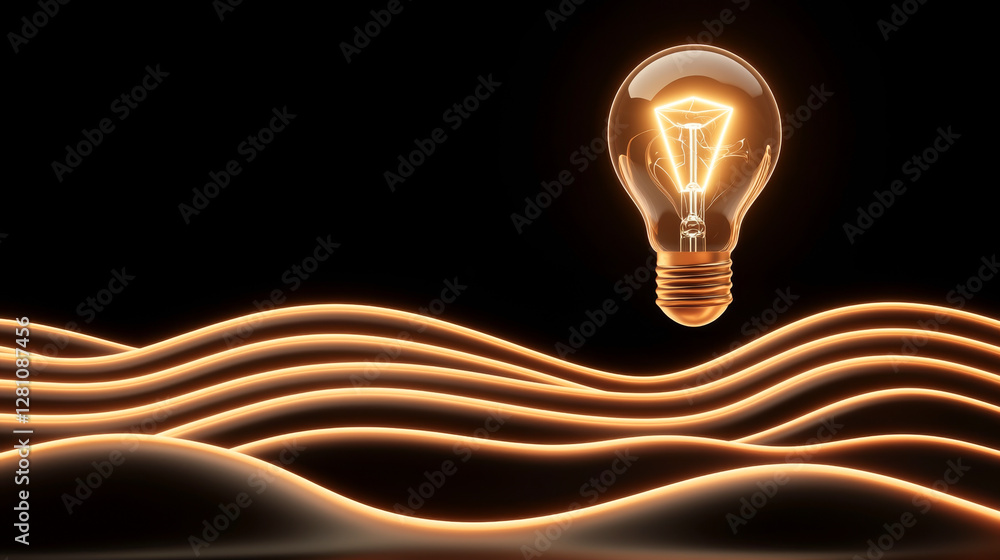 Poster illuminated light bulb hovering above flowing lines, representing innovation and creativity.