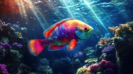 Vibrant rainbow fish swimming in colorful coral reef.