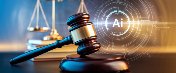 A professional image of a judge's gavel with artificial intelligence symbols and scales of justice in a modern courtroom, symbolizing the integration of AI in legal systems.