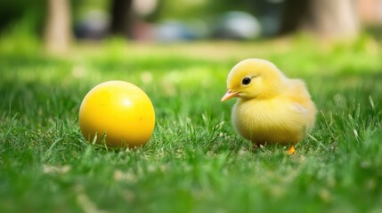 Cute yellow chick beside a bright yellow ball