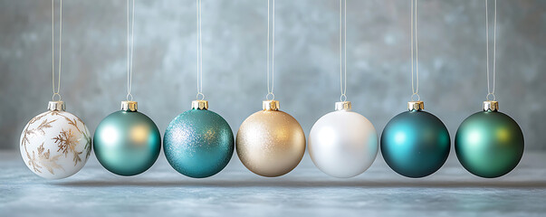Elegant Hanging Decorative Ornaments. Festive Holiday Decoration with Gold, Green, and White Baubles