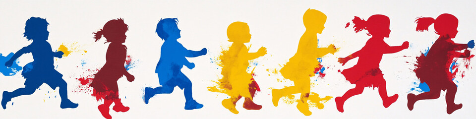 Overlapping Silhouettes of Running Children in Primary Colors with Splattered Paint Effect
