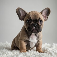 "A tiny French bulldog puppy with big ears standing on a pure white background."