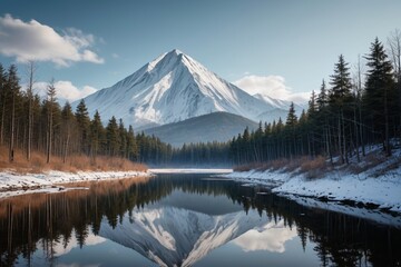 mountains reflected in a lake surrounded by trees and snow