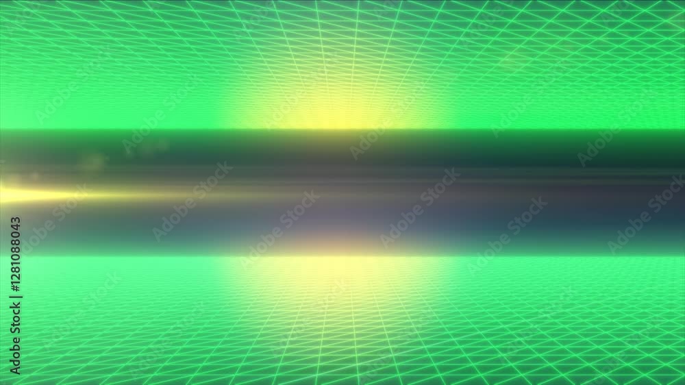 Poster a glowing green grid pattern with a futuristic horizon and light reflections, representing concepts 